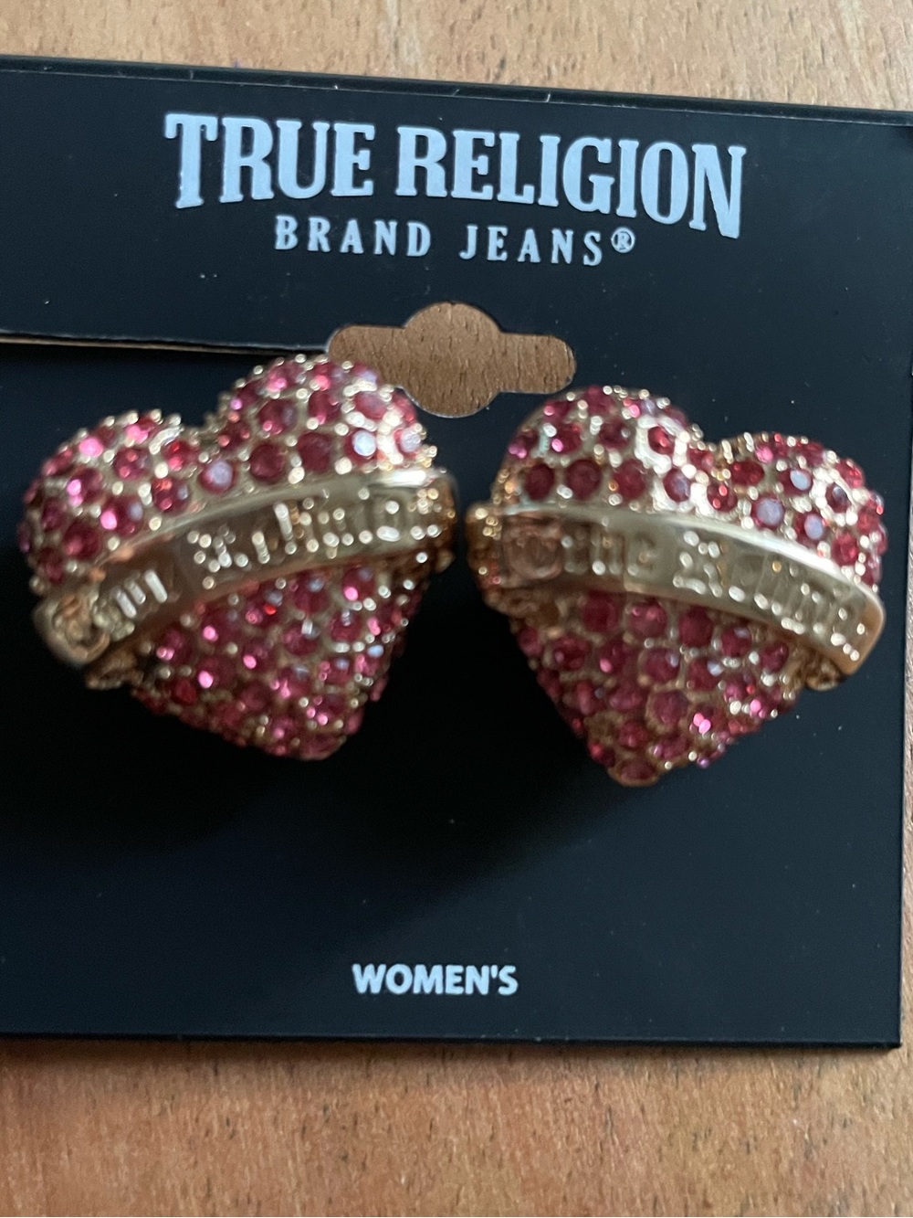 True Religion Gold-Tone Pink Crystal Heart Earrings